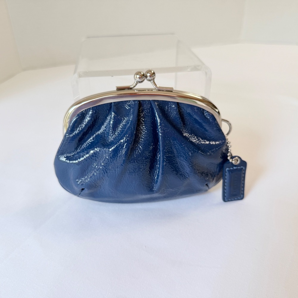 Coach Kisslock Coin Purse Women Small Blue Patent Leather Pouch Wallet - Picture 2 of 10